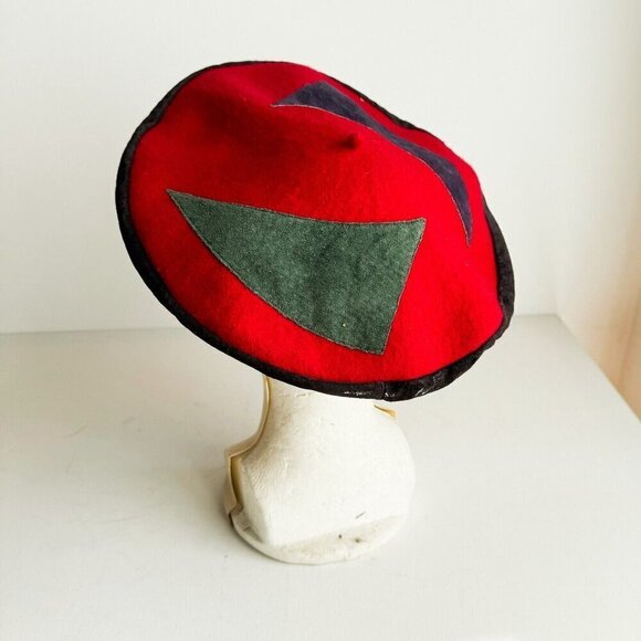 Vintage Unique Red Wool Patchwork Detail Beret main image 4